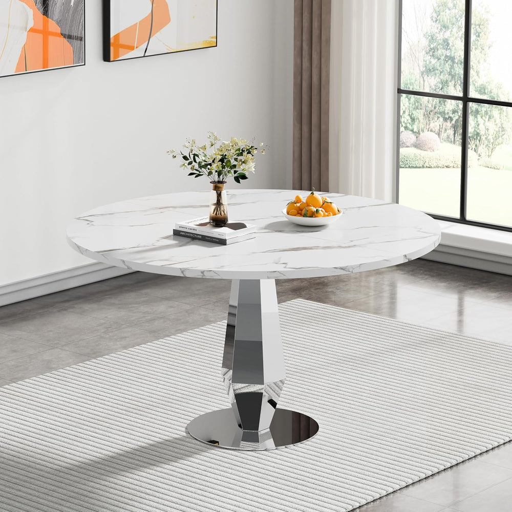 Henf Modern Round Dining Table for 4-6 White Silver 47" Faux Marble Kitc...