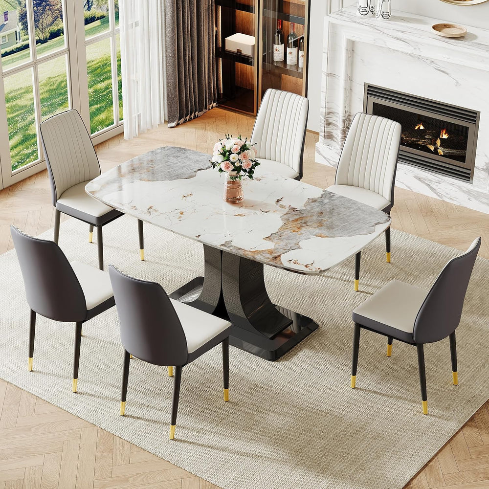 Modern Dining Table Set for 6, Marble Kitchen Table Chair Set for 6, Rectangu...