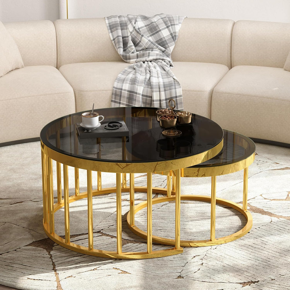 Round Nesting Coffee Table Set of 2 with Gold Frame & Mirrored Top, Black...