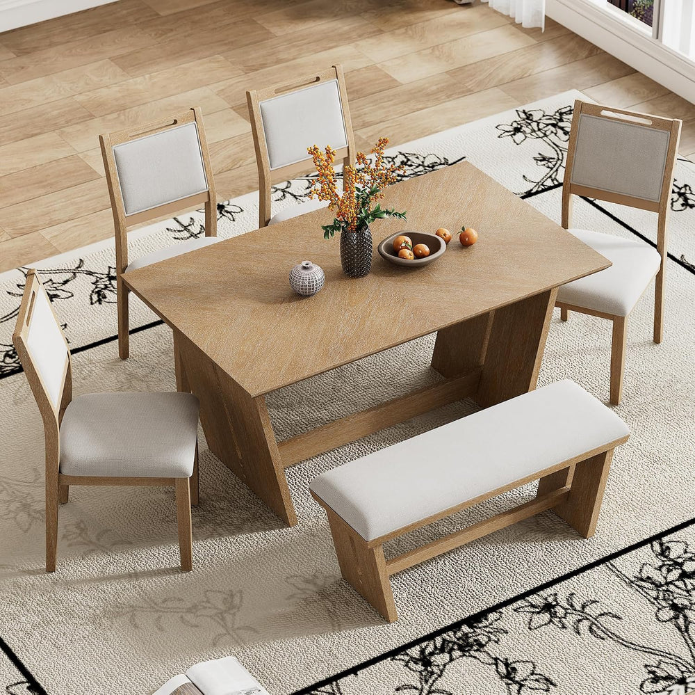 Merax 6-Piece Retro Dining Set, 1 Rectangular Table with Stable Trapezoidal T...