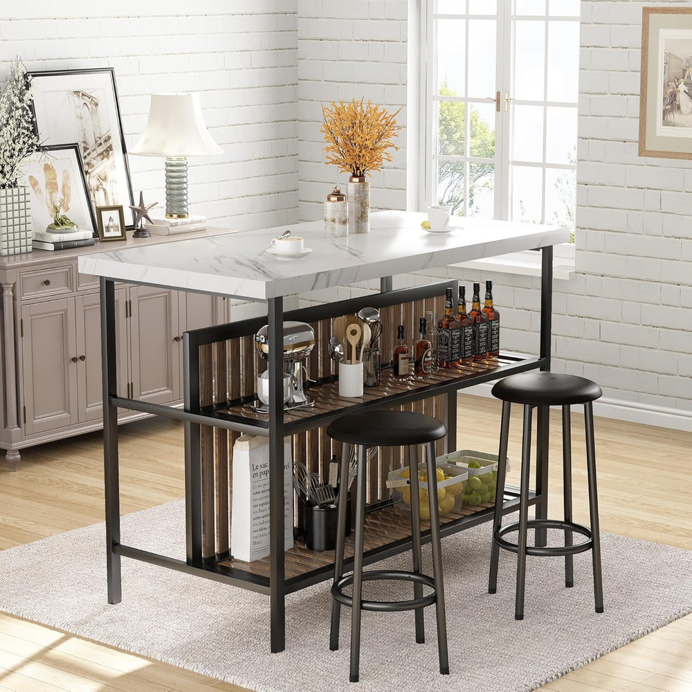 Recaceik 3 Piece Pub Set, Rectangular 2 Bar Stools, Faux Marble Dining Room S...