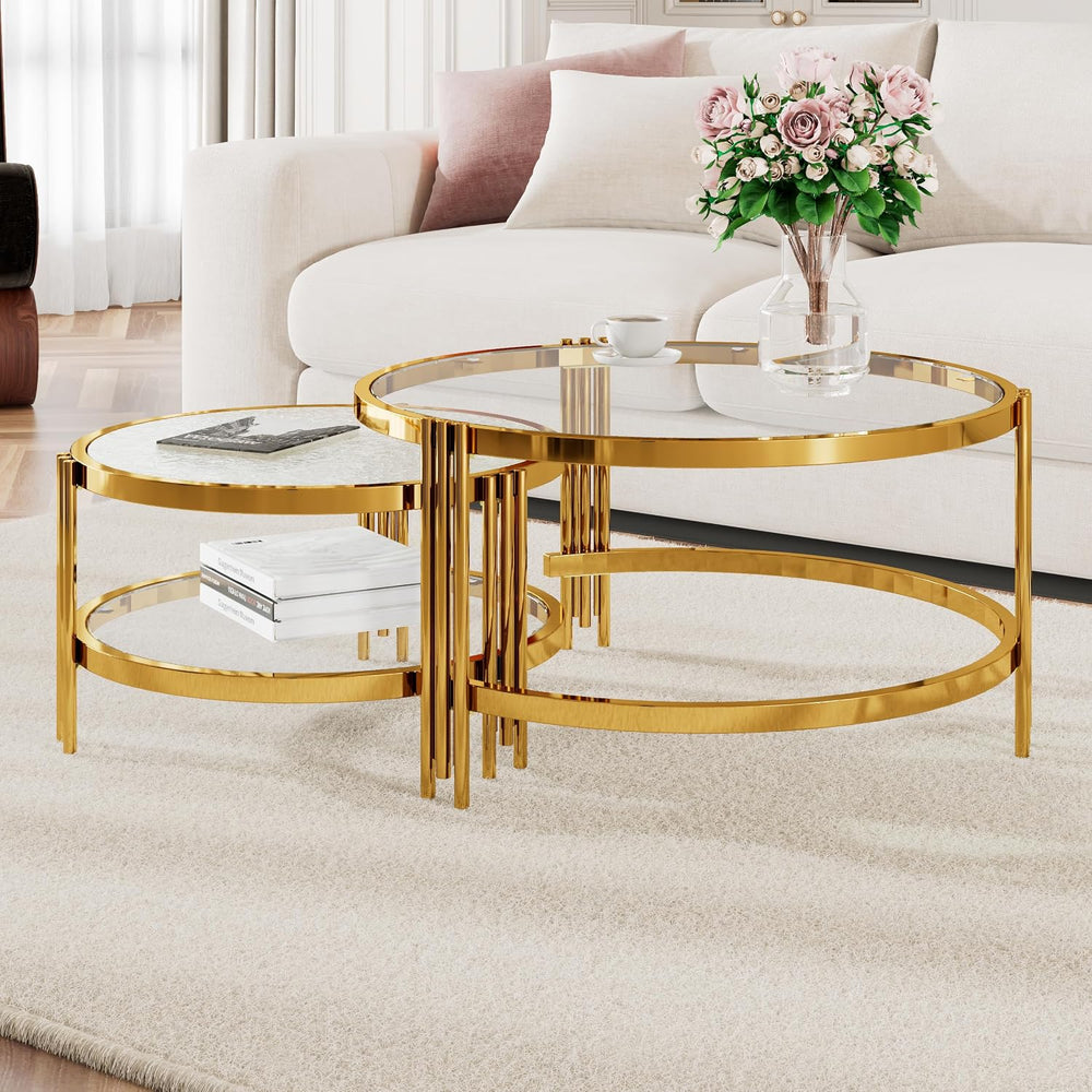 32.75" Round Glass Coffee Table Set of 2, 2-Tier Luxury Nesting Coffee T...