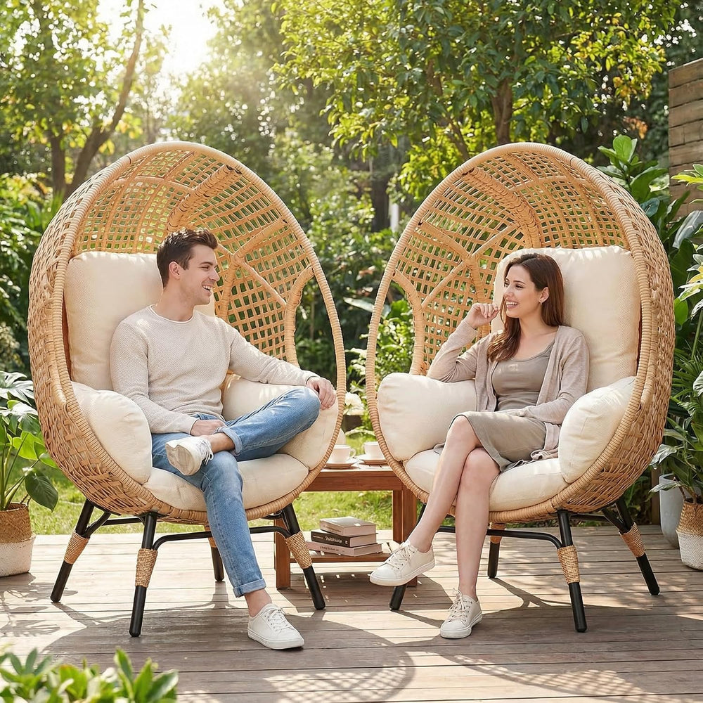 Oversized Wicker Egg Chair Outdoor Indoor Rattan Patio Egg Lounge Chairs with...