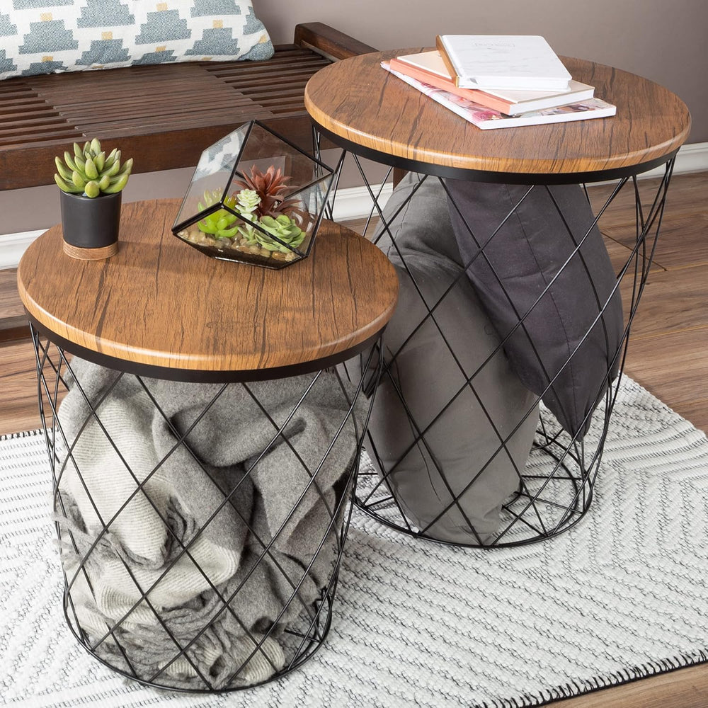 Lavish Home End Tables - Round Nesting Tables Set of 2, Brown Woodgrain | 17....