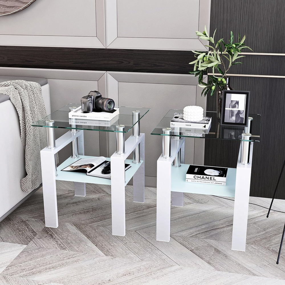 BIGTO 2 Pcs Tempered Glass Side Table, End Table for Living Room, Sofa Table ...