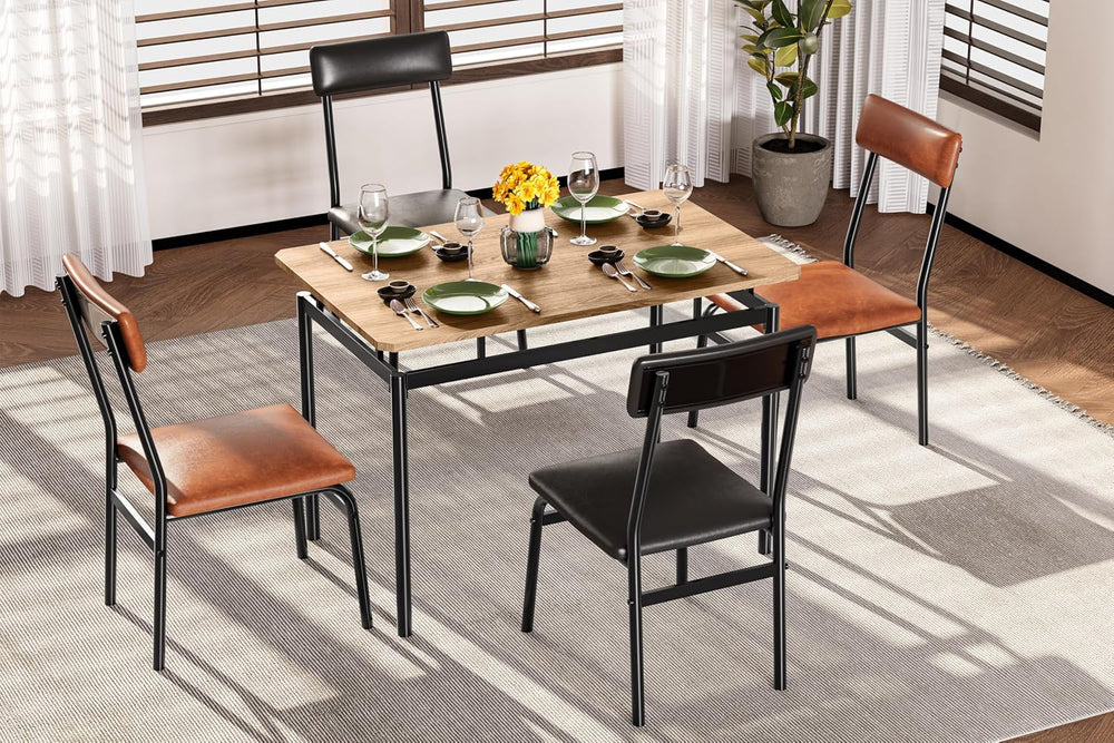 Takywep Dining Table Set for 4 – Wooden Kitchen Table with 4 PU Upholstered C...