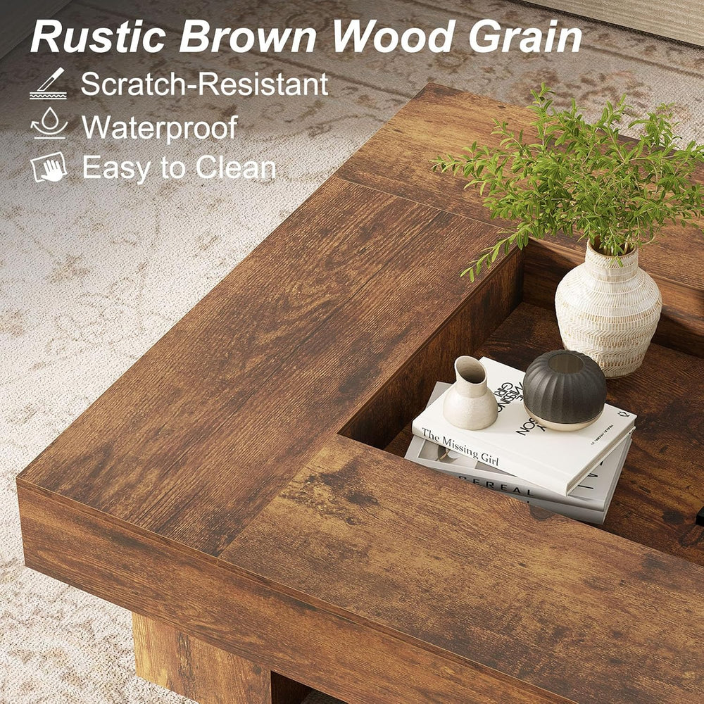 LVB 39"x39" Large Square Rustic Brown Wood Coffee Table for Living ...