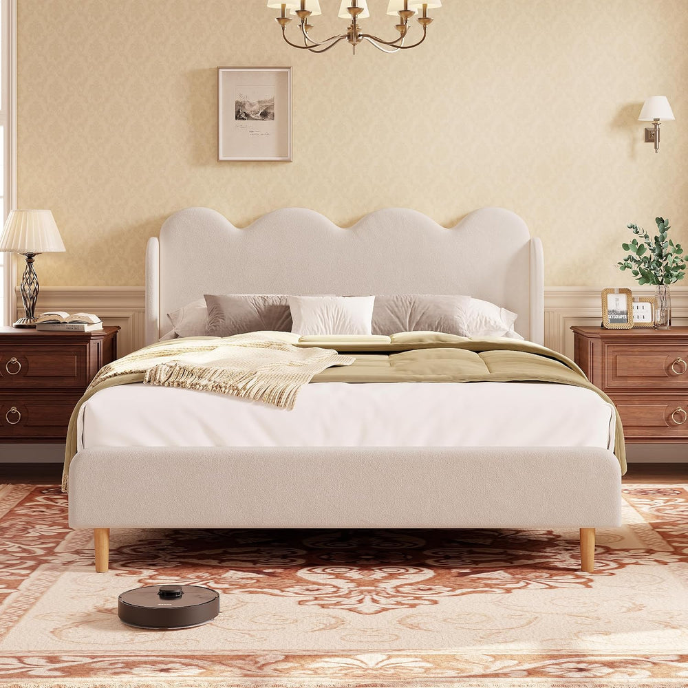 Garvee Chenille Upholstered Queen Bed Frame, Wingback Design, Beige