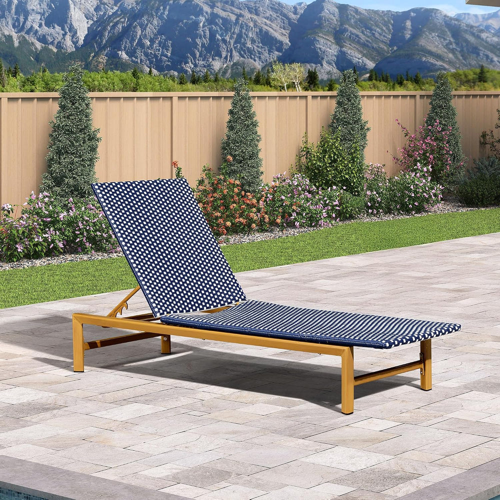 PURPLE LEAF 1 Piece French Patio Chaise Lounge Rattan Teak Frame, Navy | All-...