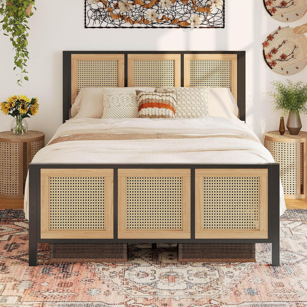 LIKIMIO Queen Bed Frame, Platform Bed Frame with Rattan Headboard