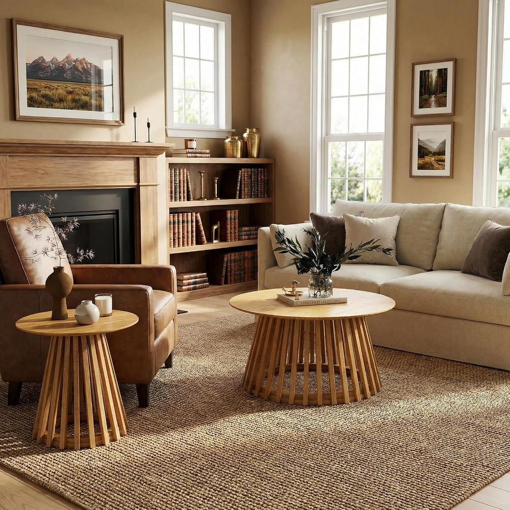 DUOMAY Modern Solid Round Side Table with Geometric Base, Natural Wood Accent...