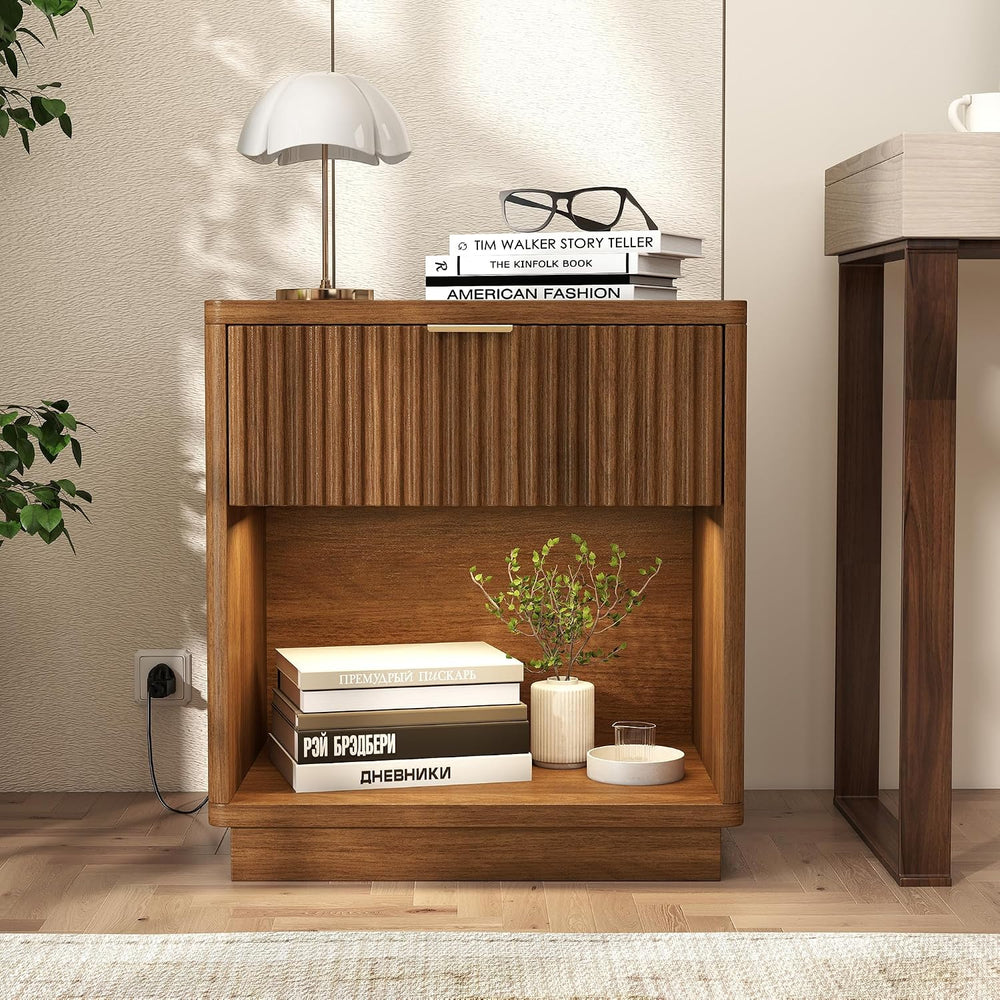 Miereirl Fluted Nightstand with Charging Station, Vintage Modern Night Stands...