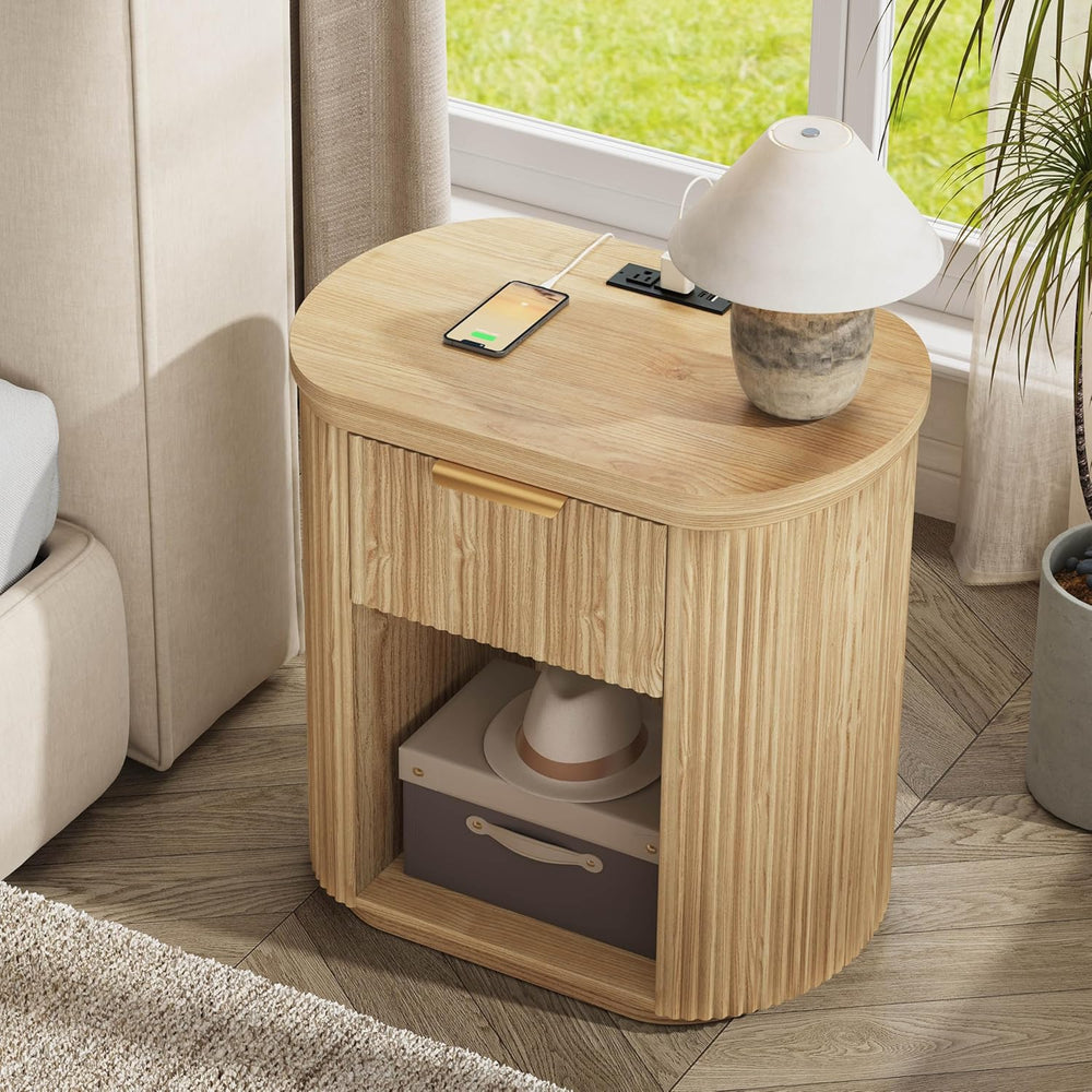 Fluted Nightstand with Charging Station 23.6" Large Round Bedside Table Oak