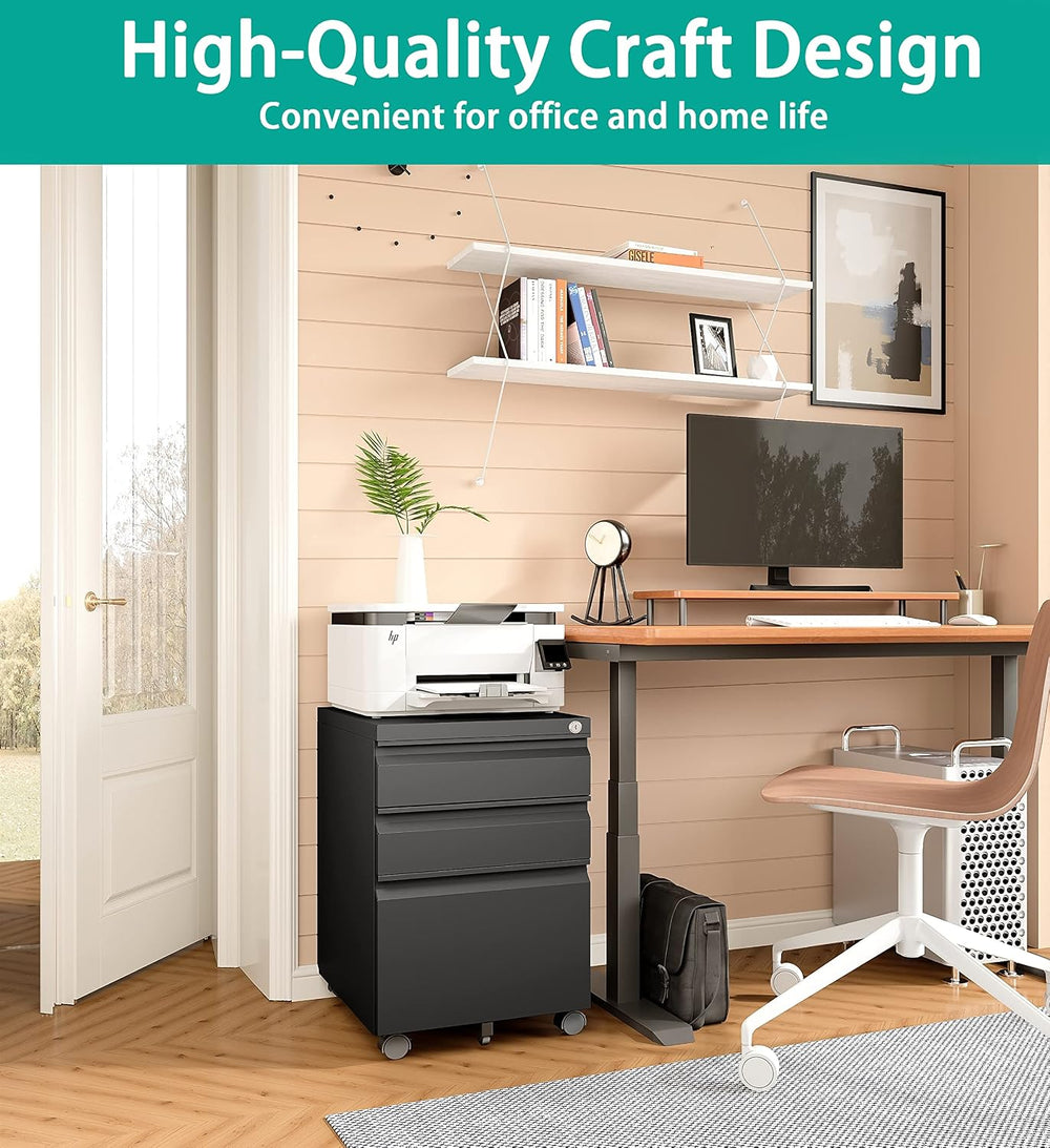 SISESOL 3 Drawer Mobile File Cabinet with Lock,Black Under Desk File Cabinets...