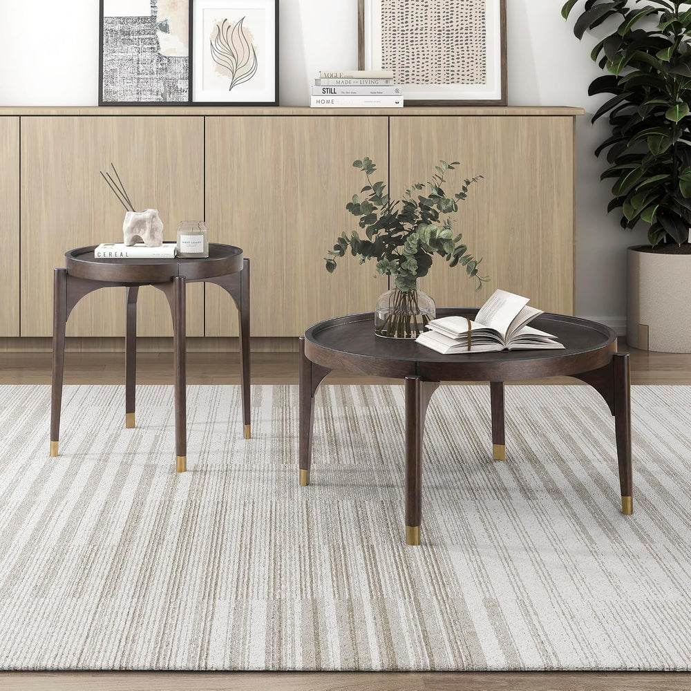 Lexicon Wood Round End Table with Gold Metal Cap, 36" Dia. Mid Century M...