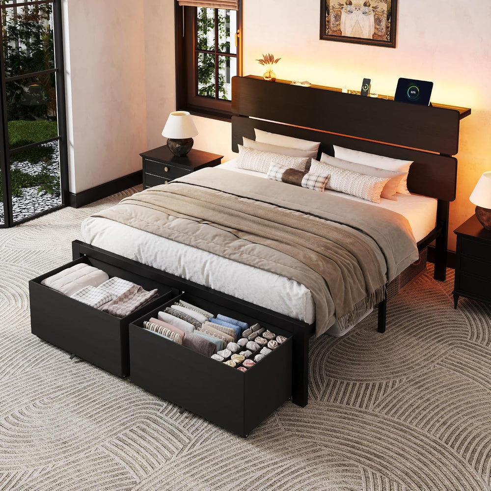 SHA CERLIN Queen Led Bed Frame, 2 Storage Drawers, Charging Station, Black