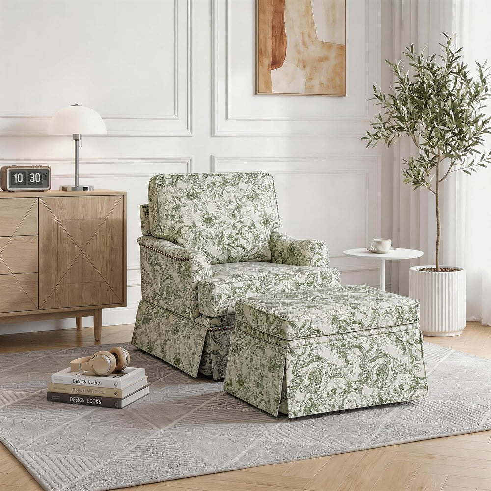 Swivel Accent Chair with Ottoman, Rococo Green