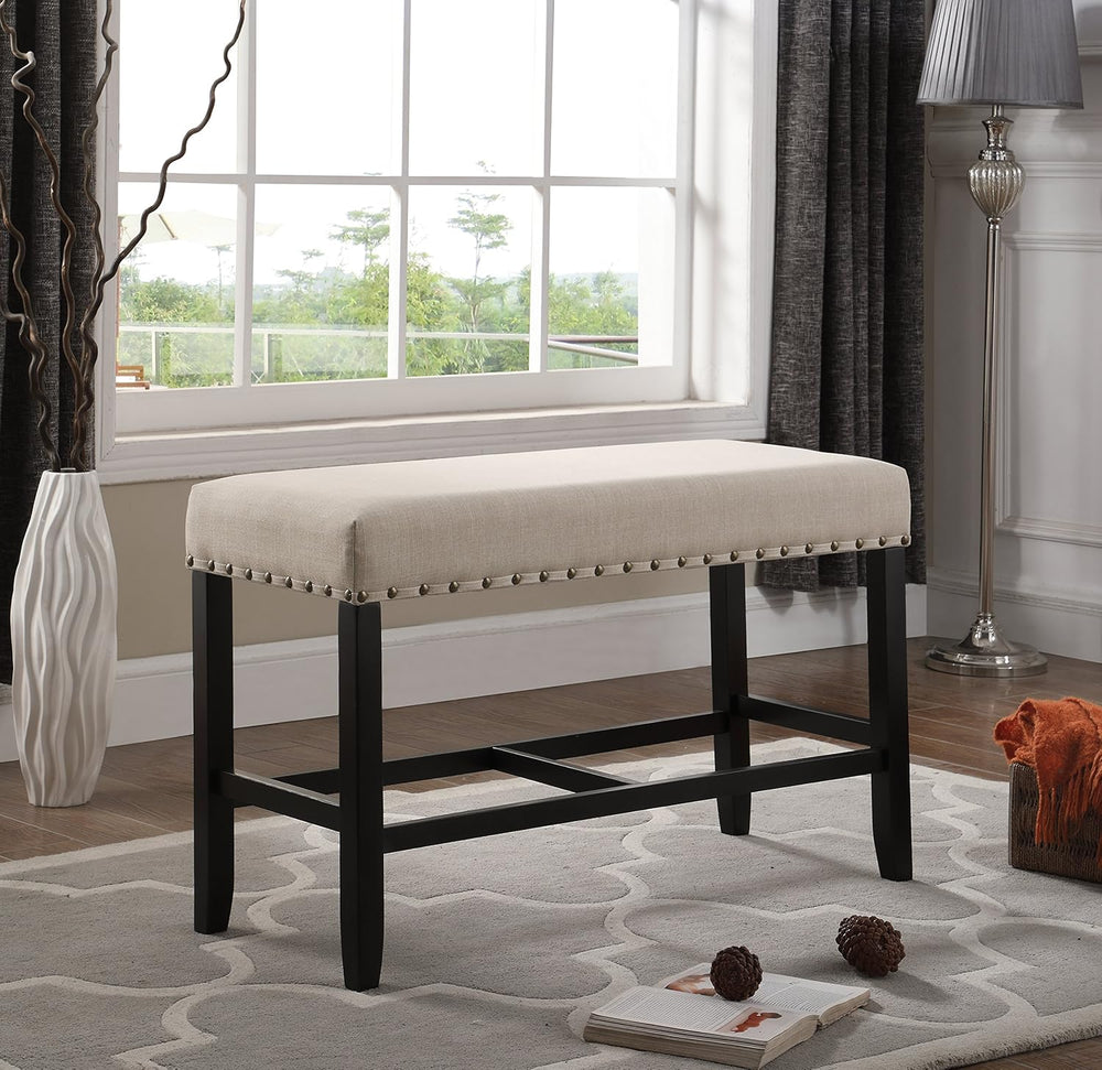 Roundhill Furniture Biony Fabric Counter Height Dining Bench with Nailhead Tr...