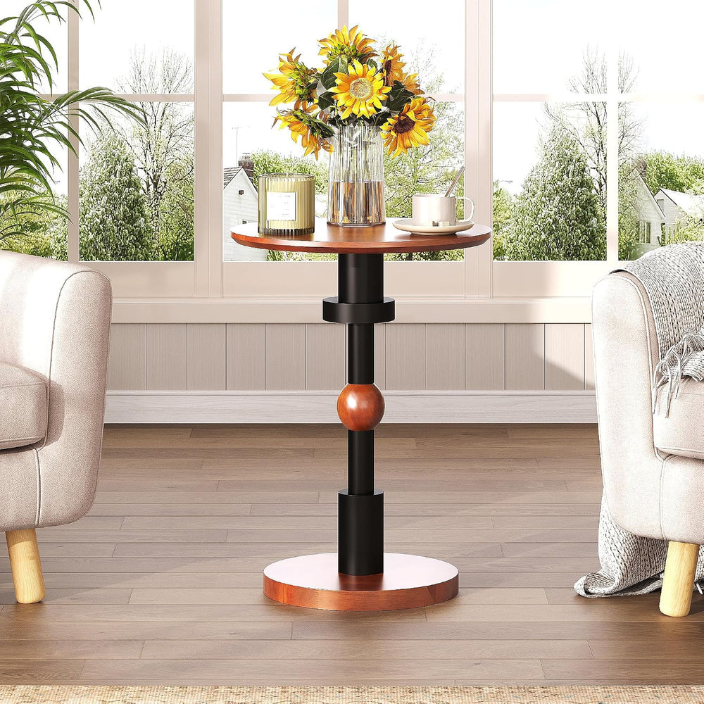 Round End Table, 100% Solid Wood Mid Century Modern Pedestal Side Table, Smal...