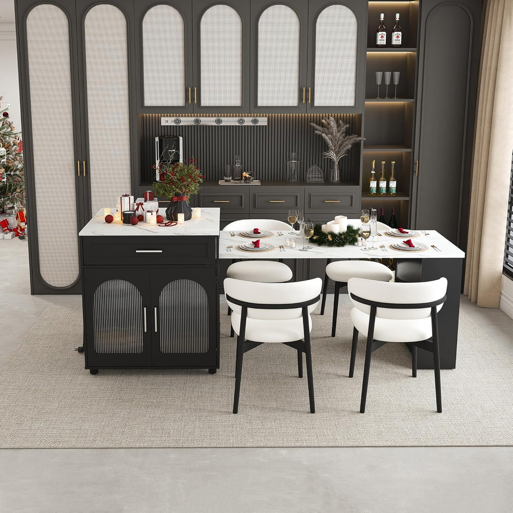 80-inch Expandable Kitchen Island with Dining Table, Marble-Grain Countertop ...