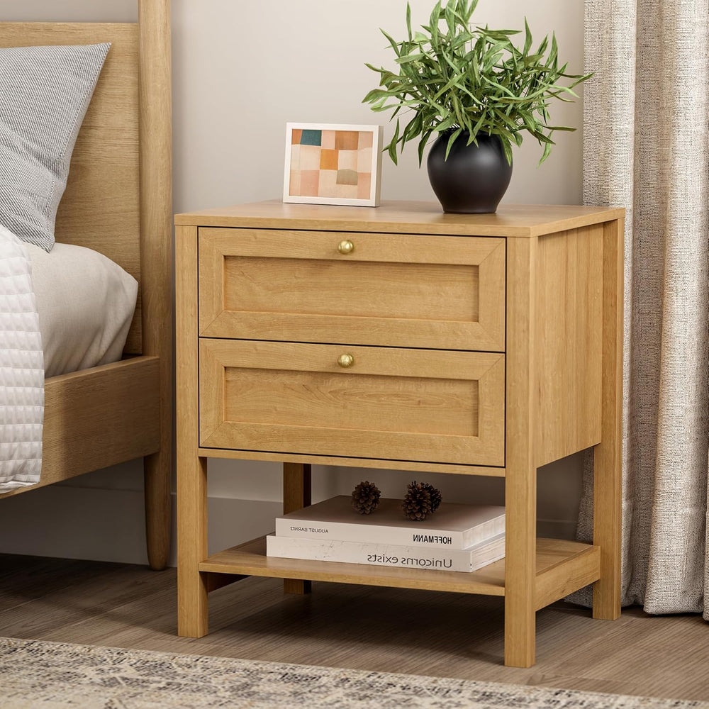 End Table with 2 Drawers, Farmhouse Nightstand with Open Shelf, Modern Bedsid...