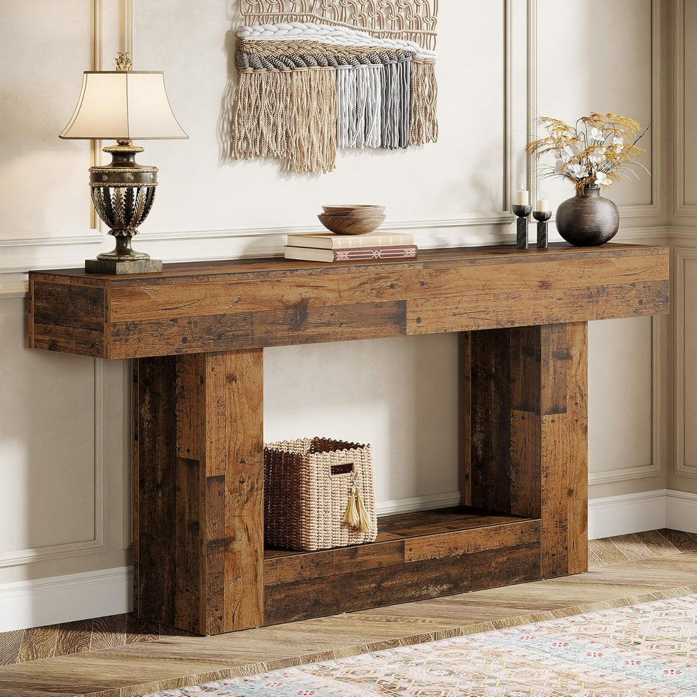 Tribesigns 63" Console Table, Farmhouse 2-Tier Entryway Table with U-Sha...