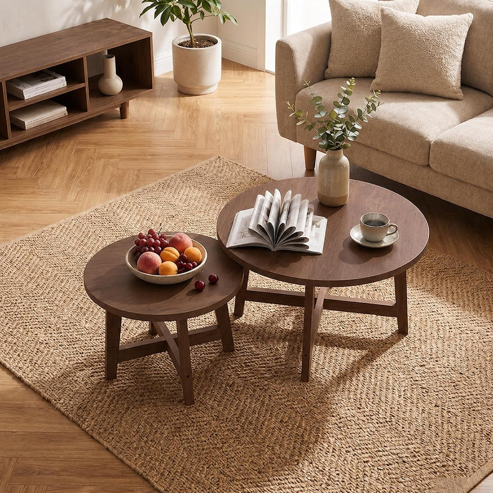47.2" Round Nesting Coffee Table Set of 2 Walnut Wood Grain Center Table...