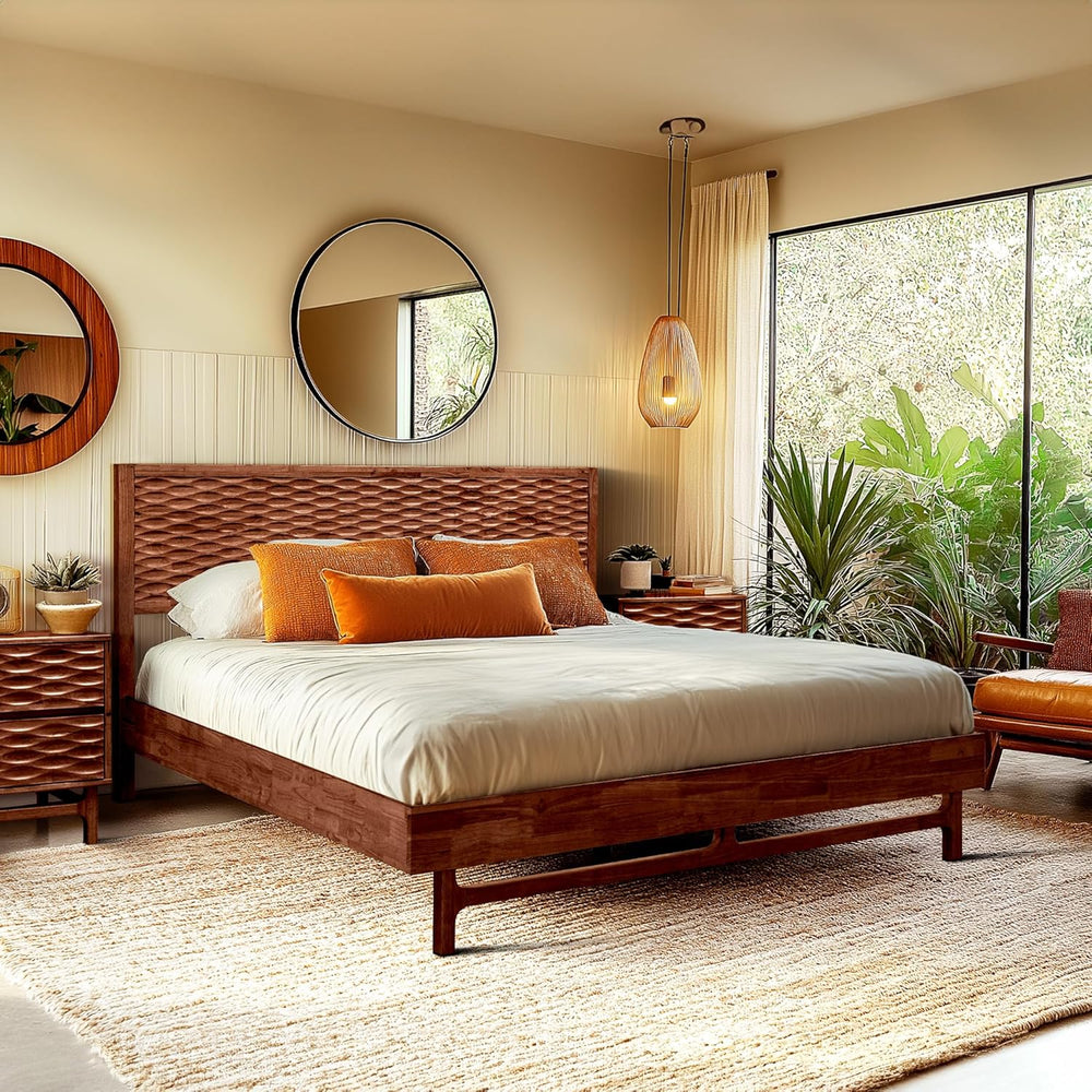 Acacia Elara Wood Bed Frame with CNC-Carved Headboard, Queen Size, Walnut