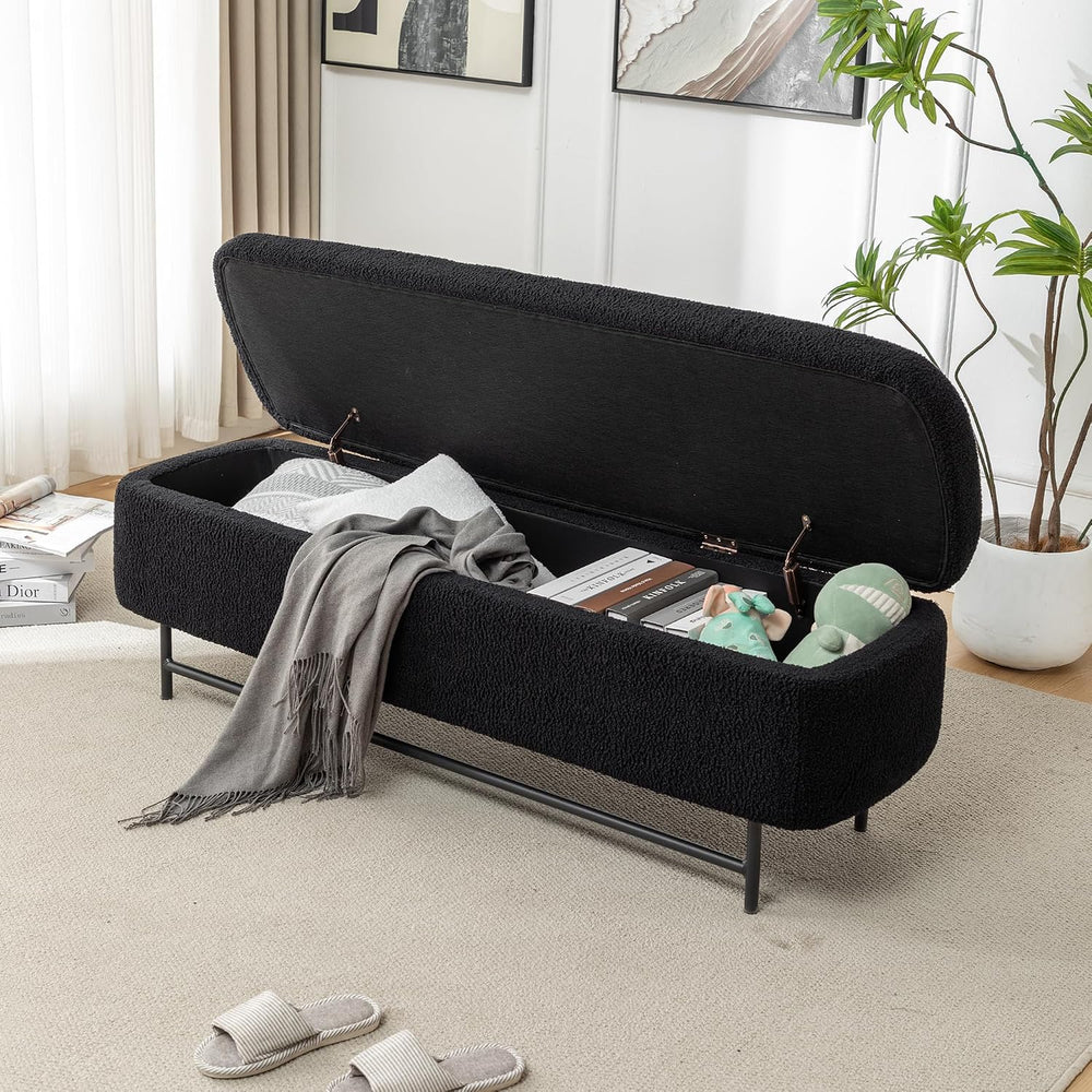 56" Boucle Storage Bench for Bedroom, Upholstered Teddy Ottoman Bench, M...
