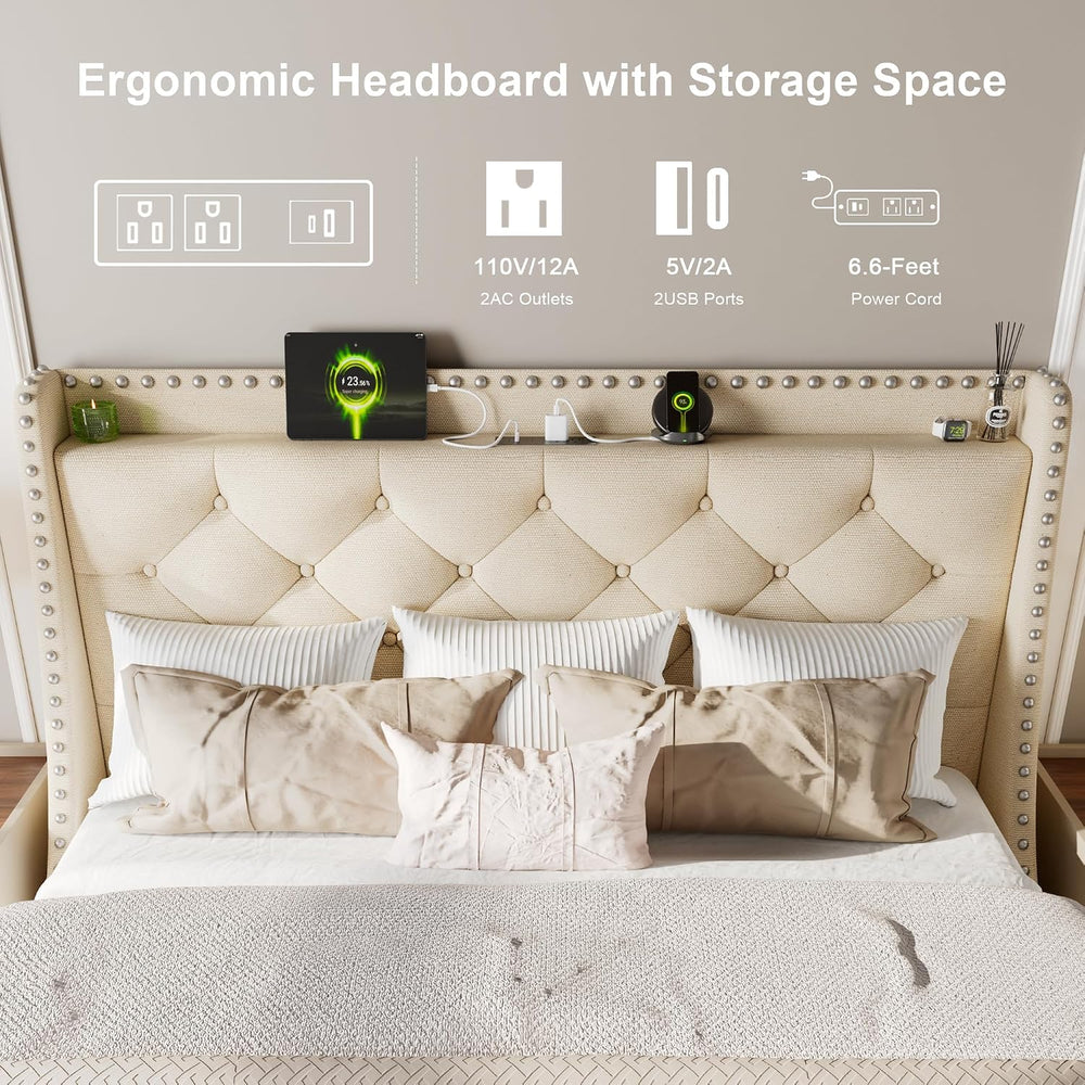 Feonase Queen Bed Frame with Luxury Wingback and Fast Charging Station,Queen ...