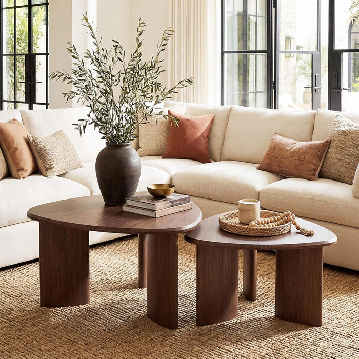 Nesting Coffee Table Set of 2, Modern Walnut Wood Veneer Coffee Table and Side Table Set for Living Room, Small End Table Set with Flexible Use and Space-Saving Design
