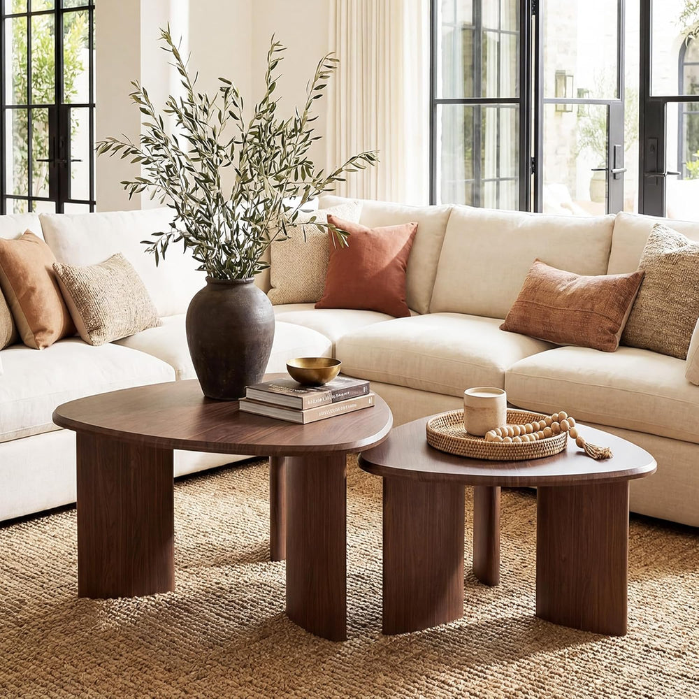 Nesting Coffee Table Set of 2, Modern Walnut Wood Veneer Coffee Table and Sid...
