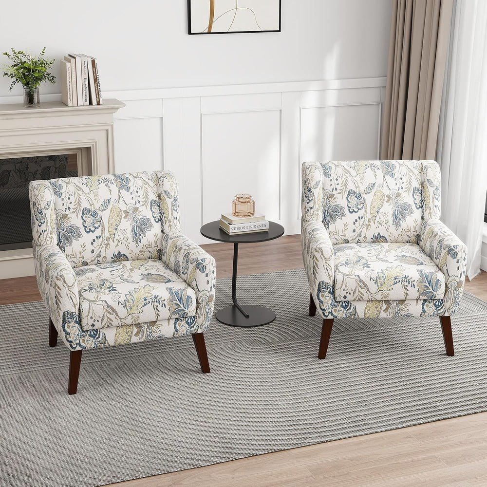 Floral Accent Chairs Set of 2, Fabric Upholstered Armchair, Leaf