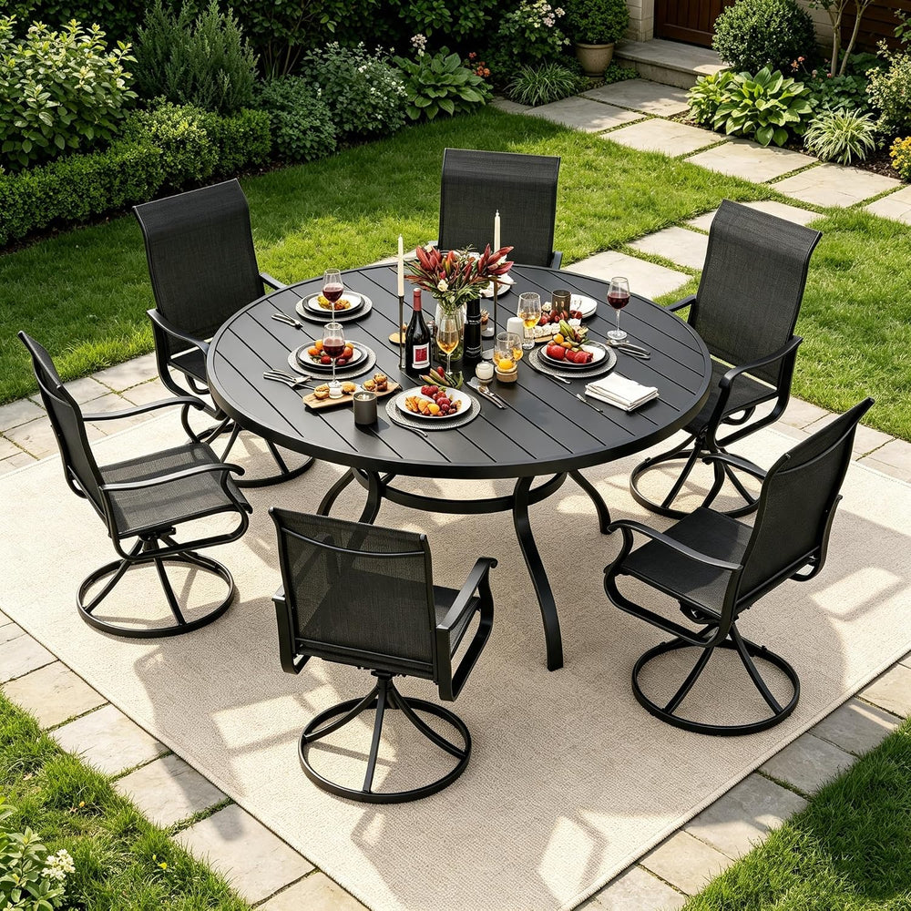 7-Piece Outdoor Patio Dining Set, All Weather Round Metal Table & 6 Black...