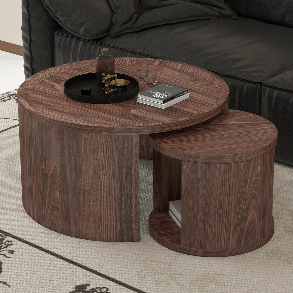 Round Nesting Coffee Table Set 2 with Storage for Small Space, Walnut | Wood ...