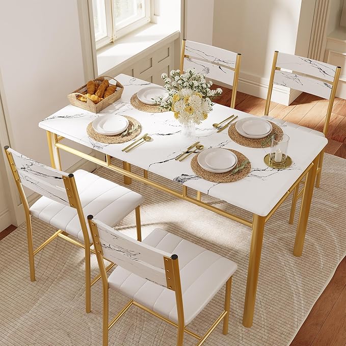 IRONCK Dining Table Set for 4, Wood Kitchen Table with Upholstered Chairs for...
