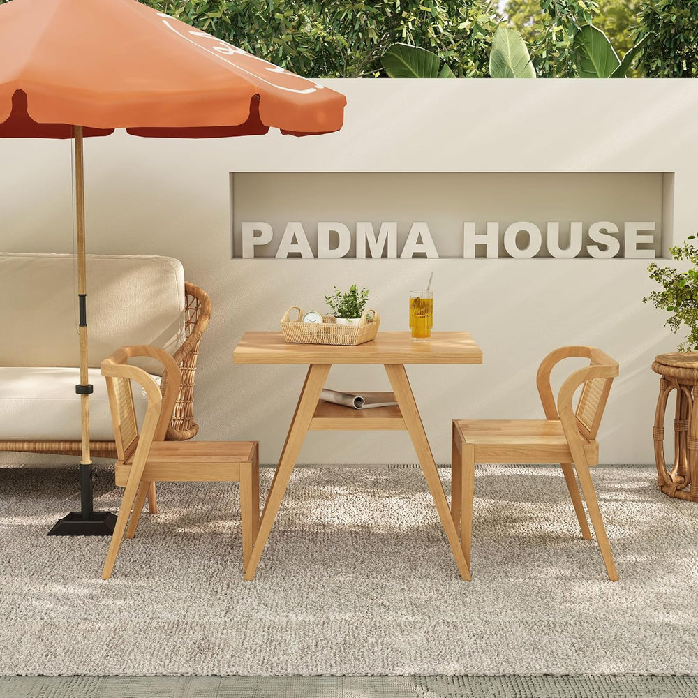 PADMA HOUSE Bistro Stacking Table Chair Set of 3, Wood Rattan Small Dining Ta...