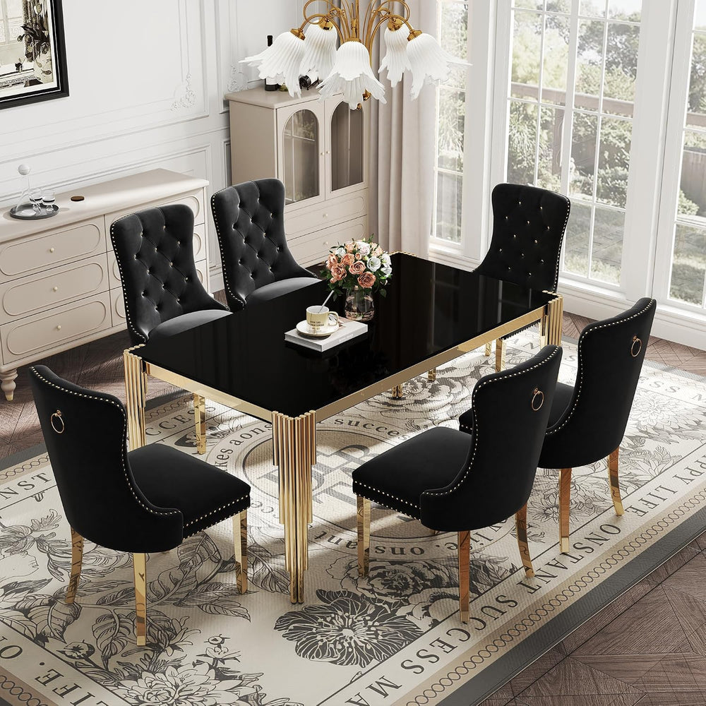 7 Piece Glass Dining Table Set for 6, 65" Rectangle Kitchen Table with 6...