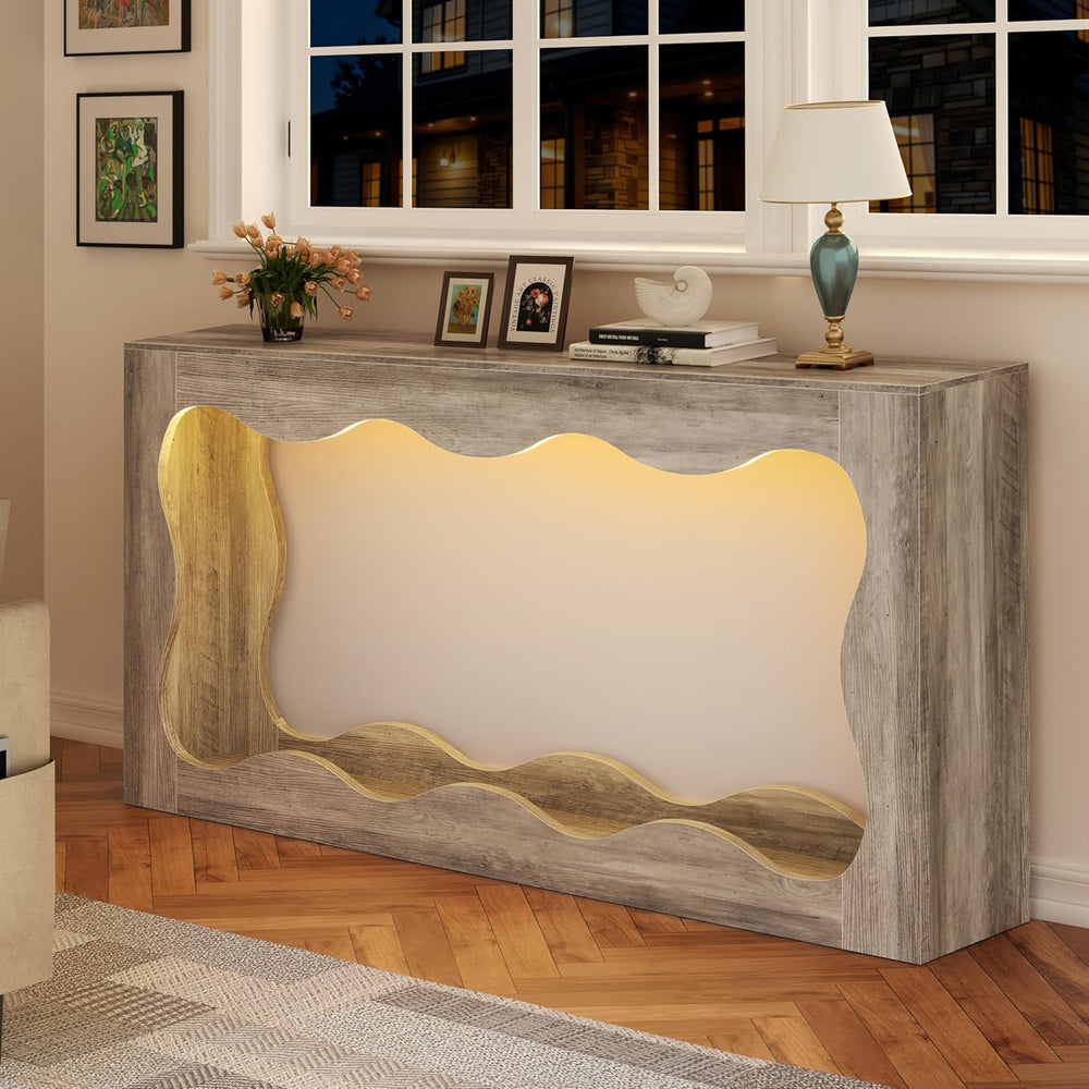 Vongrasig 63-Inch Farmhouse Entryway Table with Light Strips, Scalloped Conso...