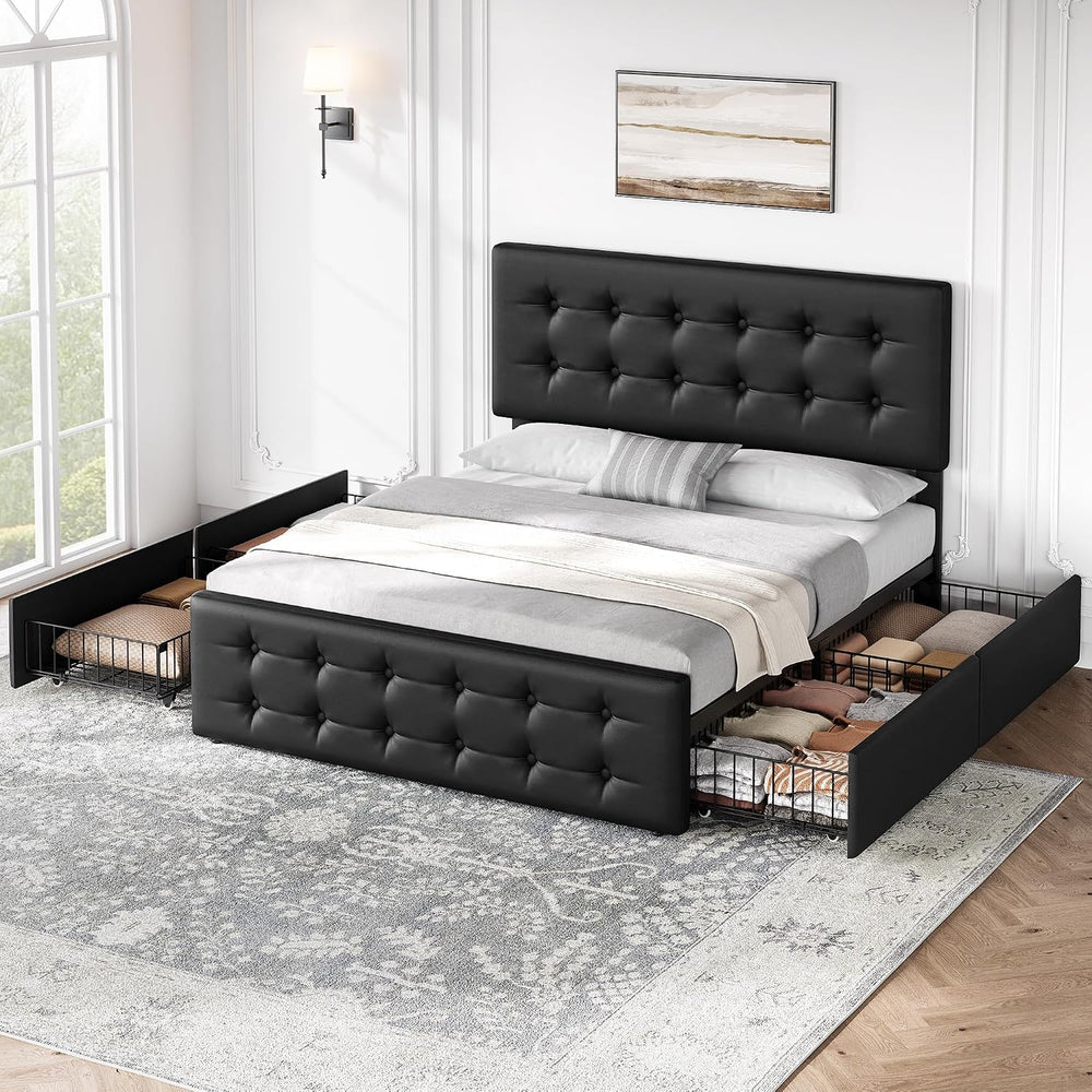 IDEALHOUSE Queen Size Bed Frame with 4 Storage Drawers and Headboard, Black