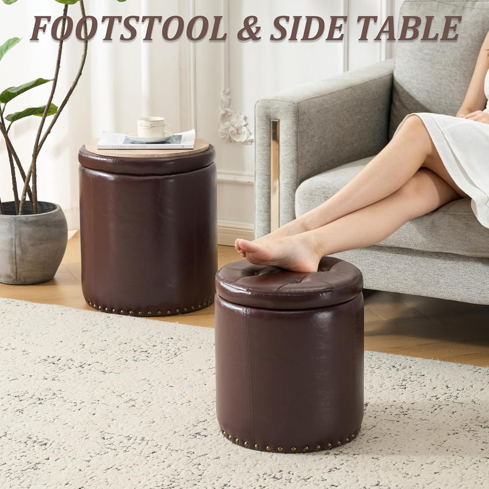Royal Windsor Round Ottoman with Storage Set of 2, Faux Leather Button Tufted...