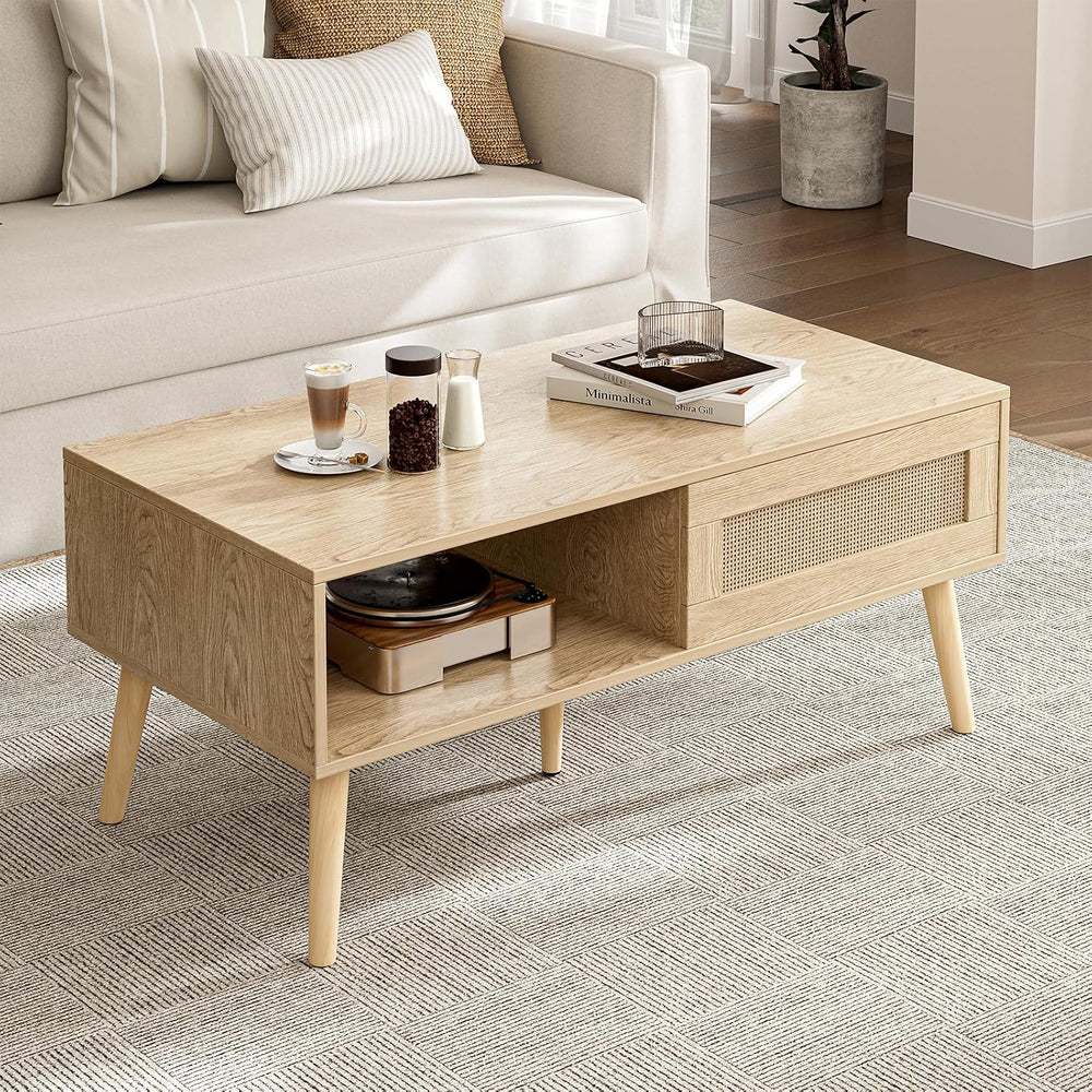 Rattan Coffee Table with Sliding Doors, Mid-Century, Natural