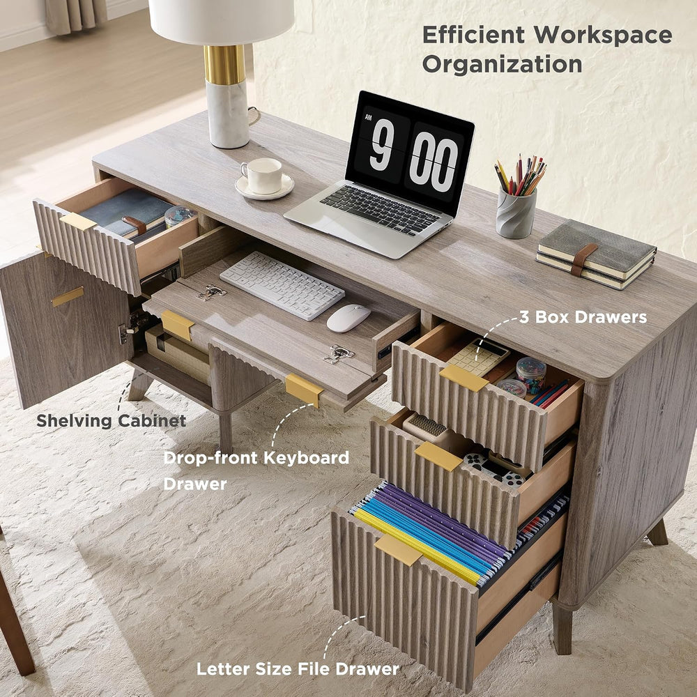 T4TREAM 60" Modern Fluted Executive Desk with Drawers, Alder Grey