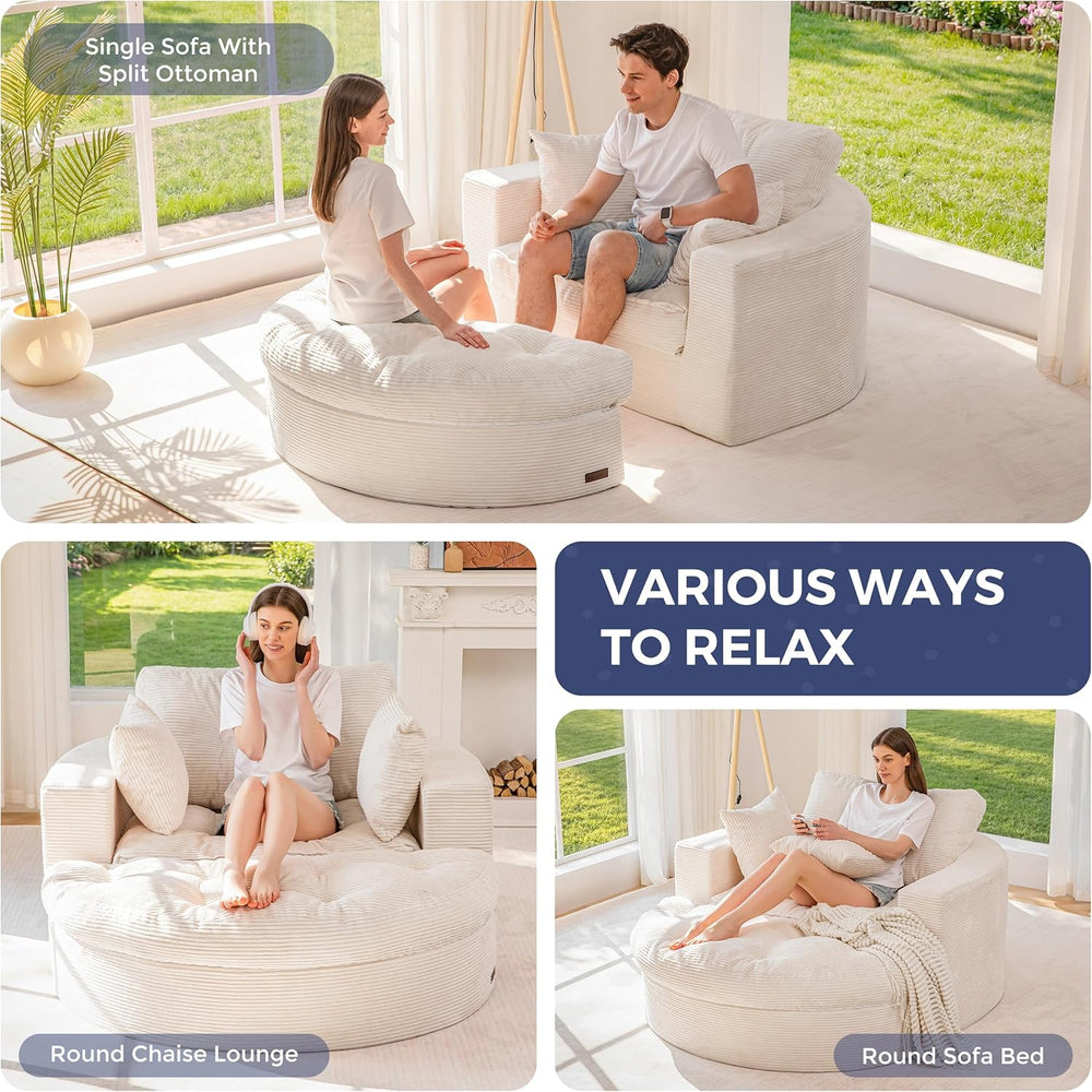 MAXYOYO Oversized Round Chaise Lounge Sofa, Floor Chair with Ottoman | Beige ...