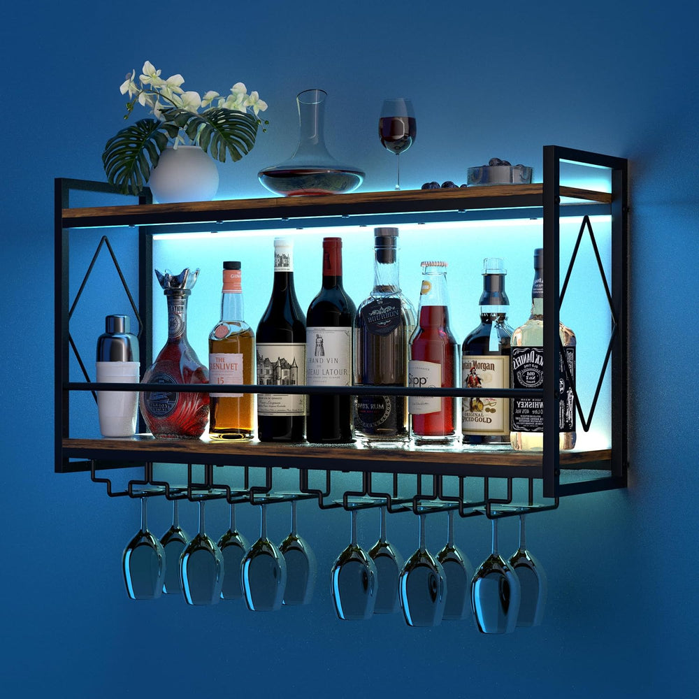 Wine Rack Wall Mounted Wine Glass Rack With LED For Home Bar Storage | 31.5 I...