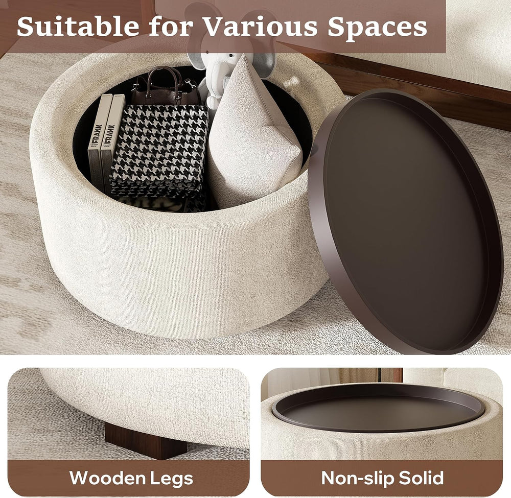 30" Round Ottoman with Storage Circular Coffee Table with Removable Wood...