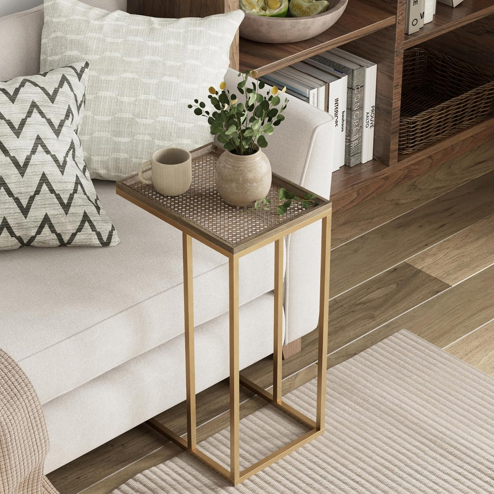 Farmhouse C Shaped End Table with Distressed Wood & Metal Woven Tray Top,...
