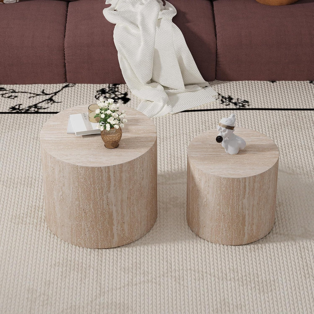 WXFKLDJ Round Nesting Coffee Table Set of 2, Wood Side Table, Travertine | Mo...