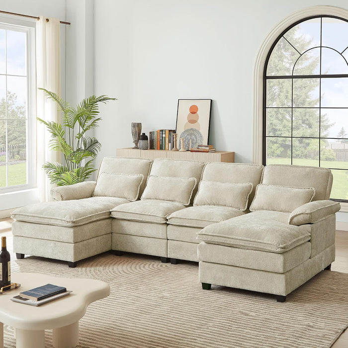113" U Shaped Sectional Sofa, 4-Seater Cloud Couch, Chenille, Beige