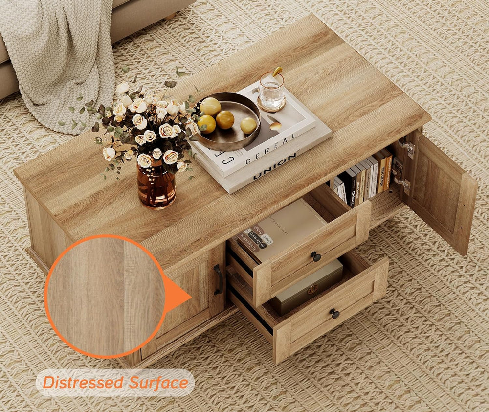 WAMPAT Oak Coffee Table with Drawer & Storage Cabinet, Farmhouse Rustic C...